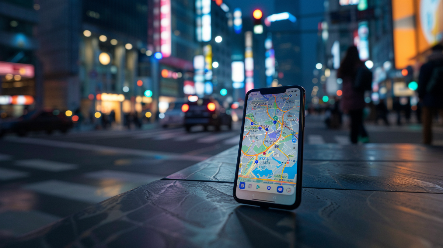 Smartphone displaying a map on a Seoul street at night, illustrating navigation friction, route planning, and movement through the city.