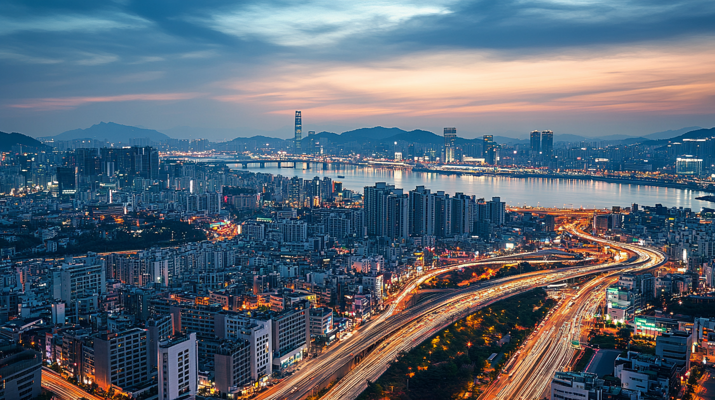 Aerial view of Seoul at twilight, showing the city skyline, illuminated roads, and the Han River, illustrating the city’s scale, movement, and urban density.