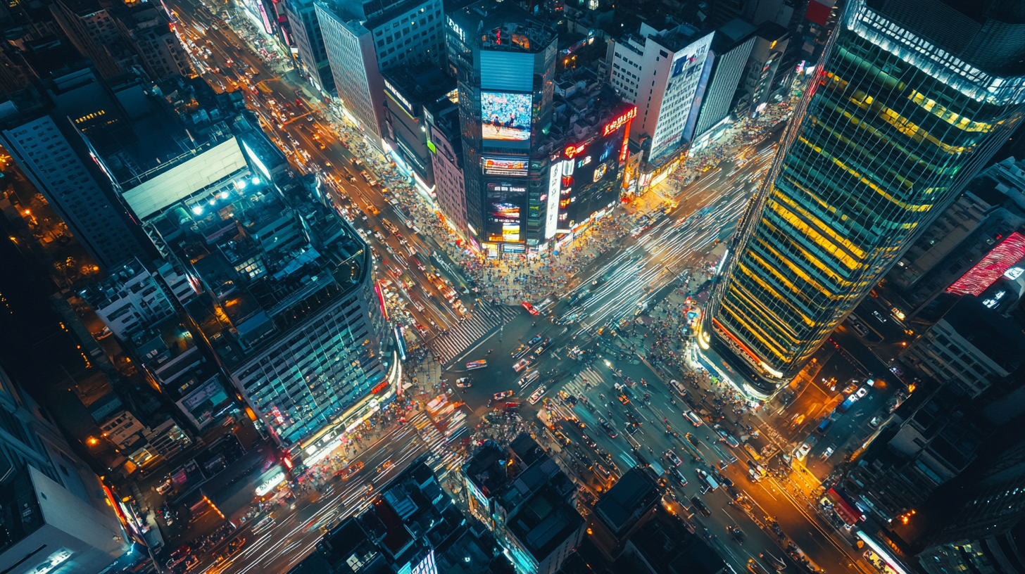 Aerial nighttime view of Seoul streets, showing the city’s late-night movement and convenience layer.