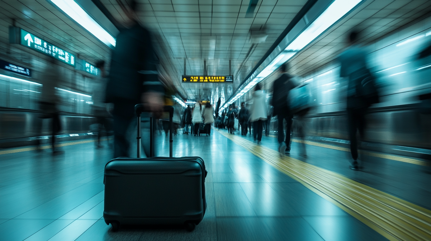 A traveler with luggage moving through a bright modern Seoul transit corridor after a long-haul arrival.