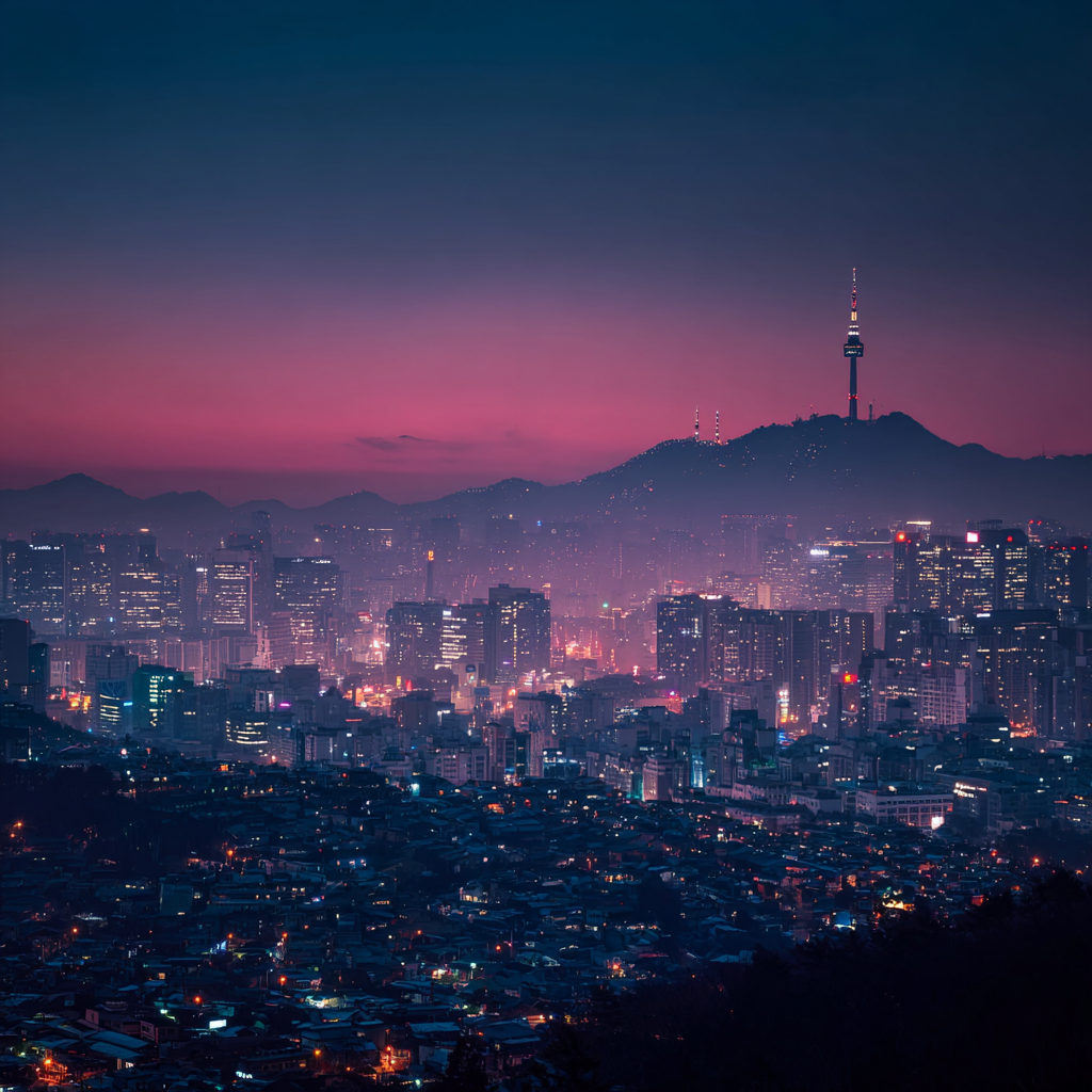 Twilight aerial view of Seoul cityscape, showing the skyline, city lights, and Namsan Tower in the distance, capturing the atmosphere of arrival and transition in the city.
